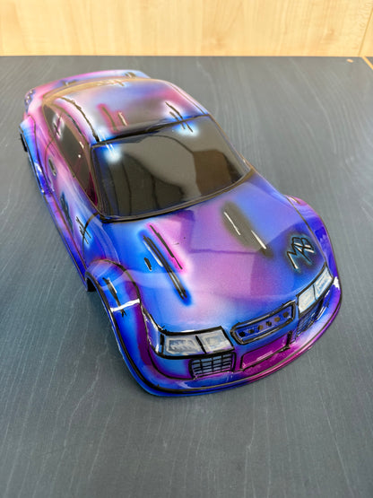 Airbrushed GT12 Supastox Body - Opel Calibra - Clear Lexan - Fits 1/12 Car 205mm Wheelbase / 160mm Wide  (Pink Florescent & Blue)