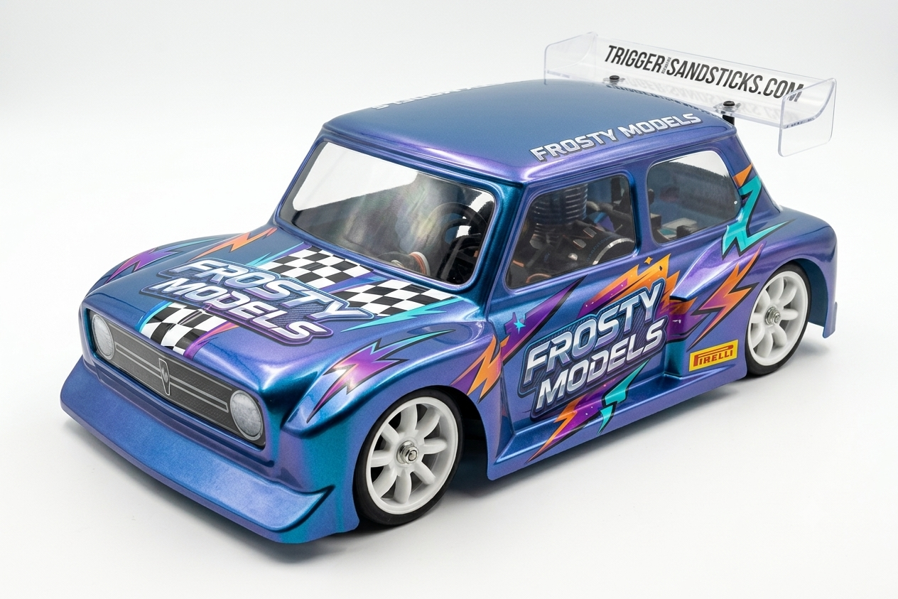 Kamtec - 1/12 MINI Clubman 758 Lexan Body with Spoiler & FREE Stickers - Fits all GT12 Minis Battcave / Kamtec / Mardave / Mini Assassin (CLEAR BODY) (160mm wide by 178mm wheelbase) (Standard Thickness)