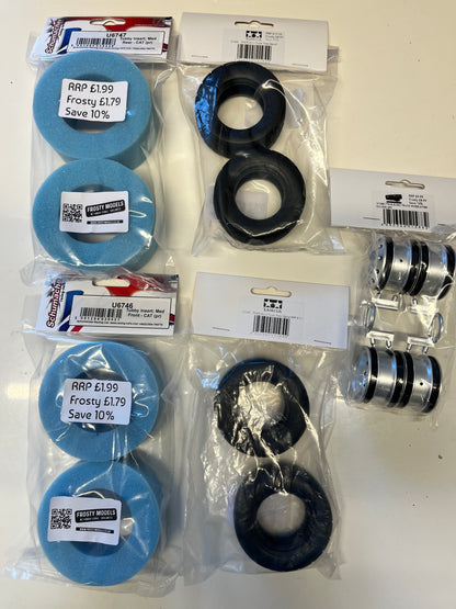 TAMIYA TT01E EURO TRUCK - Carpet Racing Bundle Wheels, Inserts & Tyres (TUBBY PRO SPEC - Silver Truck Wheels)