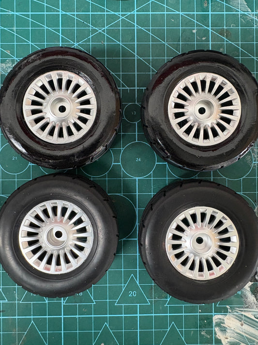 Tamiya TT01E Euro Truck - Pre-glued and prepared Race Legal Tyres / Tires on 5 Spoke Silver Wheels (Front sidewall glued)