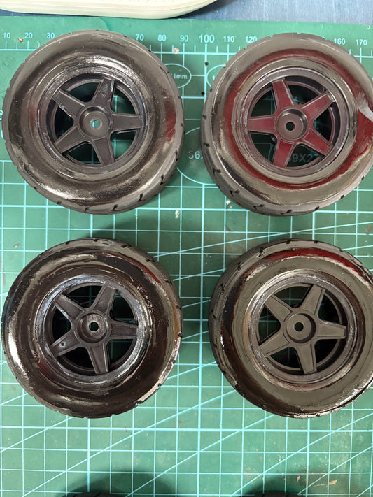Tamiya TT01E Euro Truck - Pre-glued and prepared Race Legal Tyres / Tires on 5 Spoke Black Wheels (4 sidewall glued)
