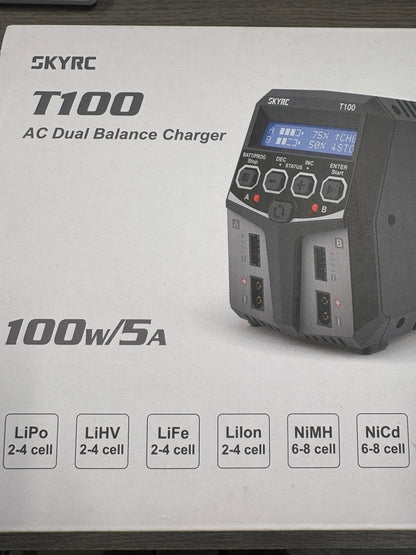 (Shop demo used) SKY RC - T100 DUAL AC/DC 5A 2-4S LiPo/LiIon/LiFe/LiHV/NiMh BATTERY CHARGER - SK-100162 (2x XT60 Charge Leads Required)