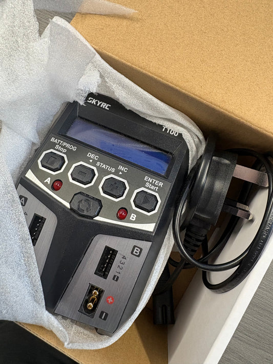 (Shop demo used) SKY RC - T100 DUAL AC/DC 5A 2-4S LiPo/LiIon/LiFe/LiHV/NiMh BATTERY CHARGER - SK-100162 (2x XT60 Charge Leads Required)