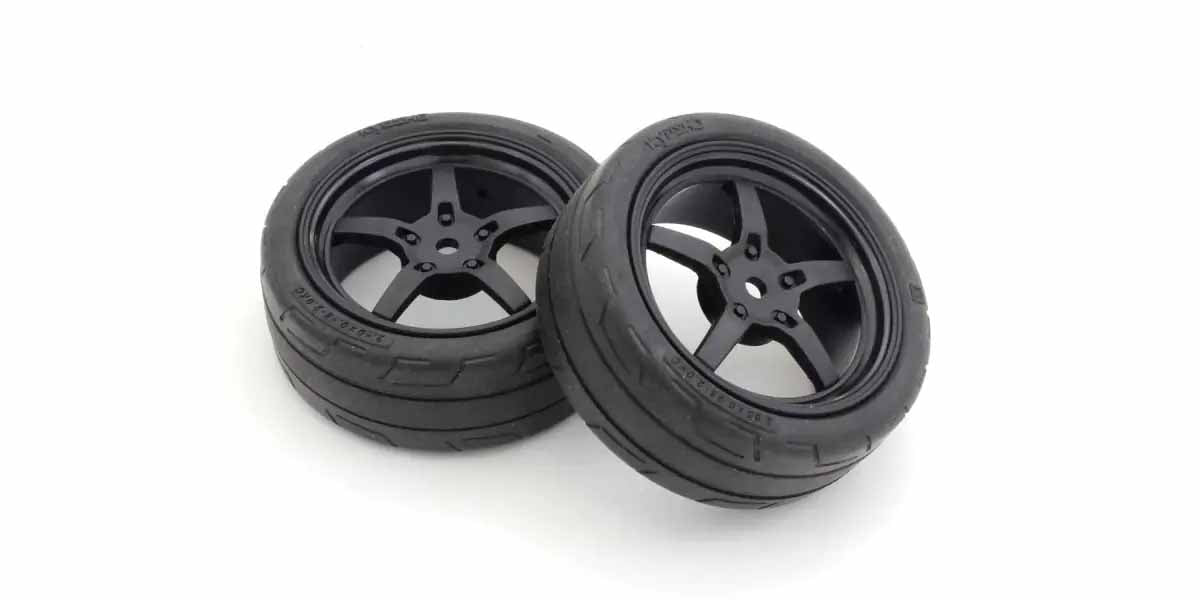 Kyosho - 1:10 Fazer FZ02 Pre-Glued 5-Spoke Black Rims Medium Tyres (2) - K.FATH705BKMB WHEELS & TYRES