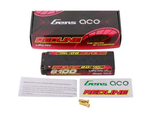 GENS ACE - REDLINE 2.0 LIPO 18.5mm RC BATTERY Hard Case 2S 7.6V HV 6100mAh 140C 5MM BULLET (PRO CAR RACE LIHV)
