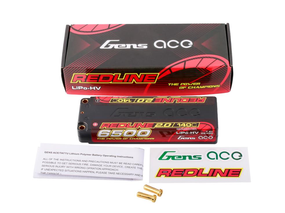 GENS ACE - REDLINE 2.0 LIPO 22.5mm RC BATTERY Hard Case 2S 7.6V HV 6500mAh 140C 5MM BULLET (PRO CAR RACE LIHV)