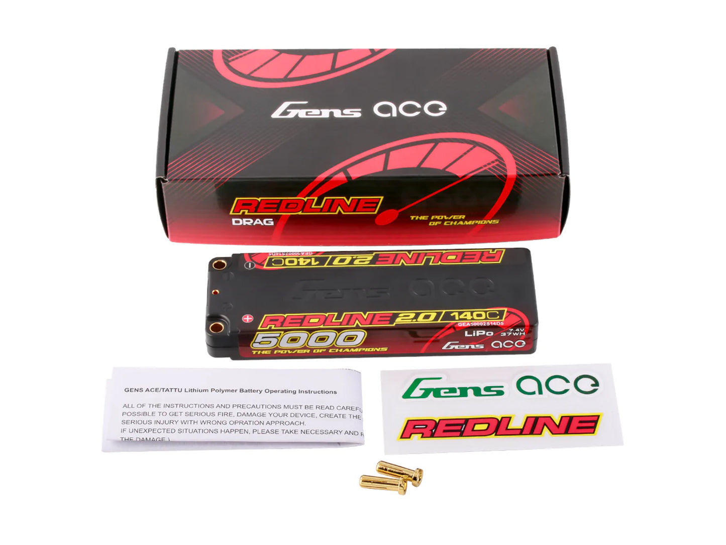 GENS ACE - REDLINE 2.0 LIPO RC BATTERY Hard Case 2S 7.6V HV 5000mAh 140C SHORT 5MM BULLET (PRO CAR RACE LIHV) O-GC2S5000-140T