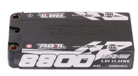 ABM - 1S Lipo HV GT12 Car Battery 8800mah 3.8V 130C (5mm Bullets) (Shorty L92.5mm, W46.9mm, H18.5mm) BRCA Approved - ABM20011