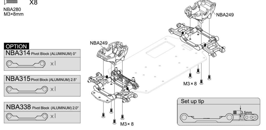 Carten / LOUISE - LMX - LTX - M210 & T410 - (Hop-up) Alloy Back Rear RR Suspension Hanger NBA315 - 2.5Deg (1x Needed or use 2.0 Version NBA338)