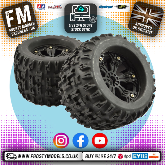 FASTRAX - 1/8 MT JIGSAW MOUNTED 6-SPOKE BLACK 1/2"OFFSET(2pcs) - Monster Truck Tyres & Wheels Pre Glued - FAST1165B (Does not fit PD Racing TK10 or TR10!