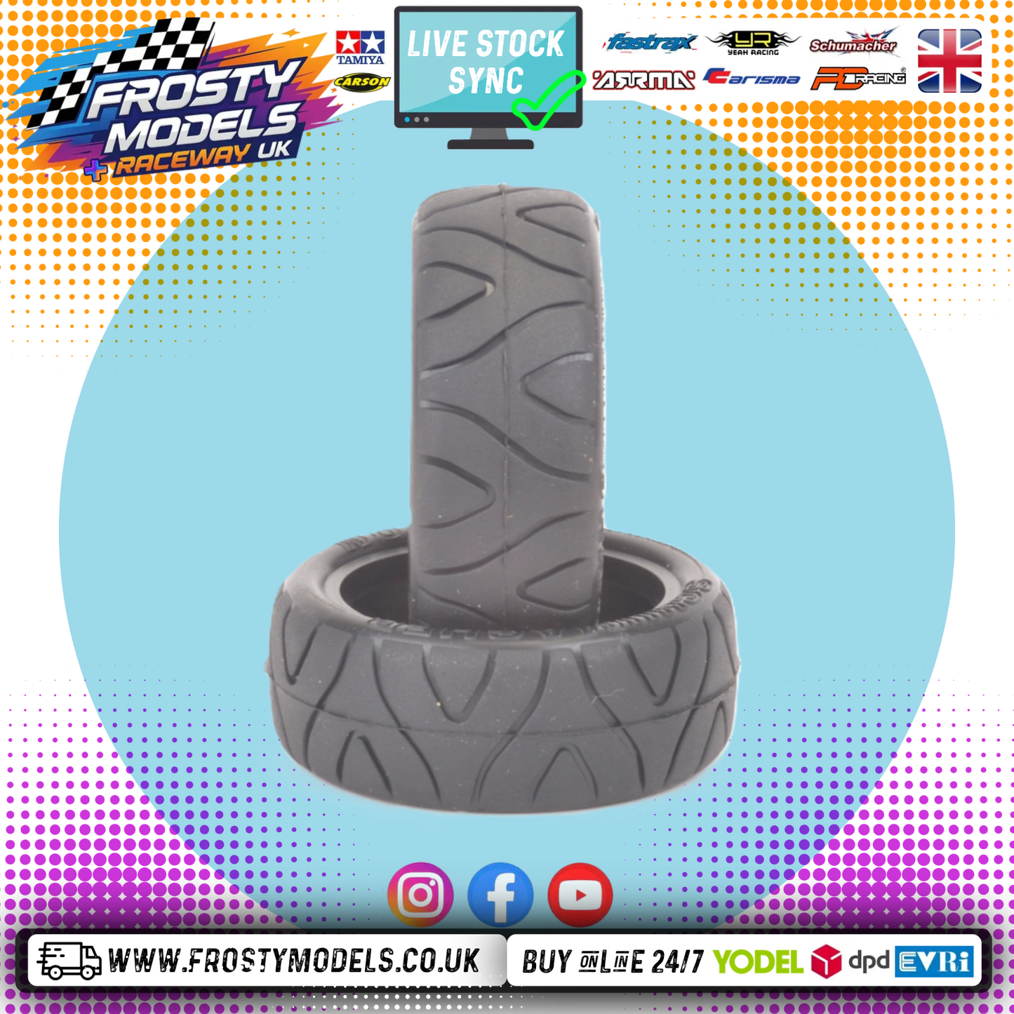 SCHUMACHER - 1/10 CAR SST Carpet Dragons Tires/Tyres 25mm wide  - Yellow (2pc) U6690
