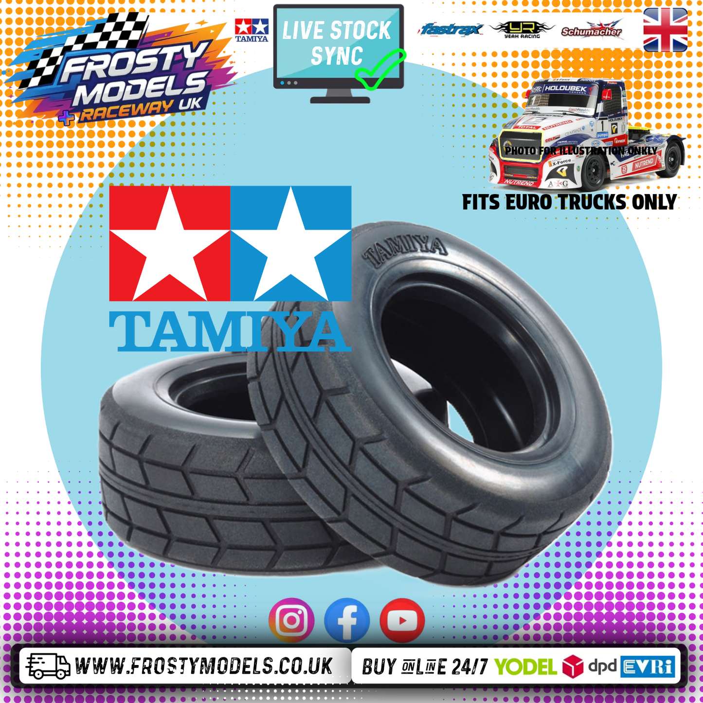 TAMIYA 51589 - TT01E 1/14 RC RACING EURO TRUCK TYRES / TIRES (2Pcs CARPET & TARMAC)