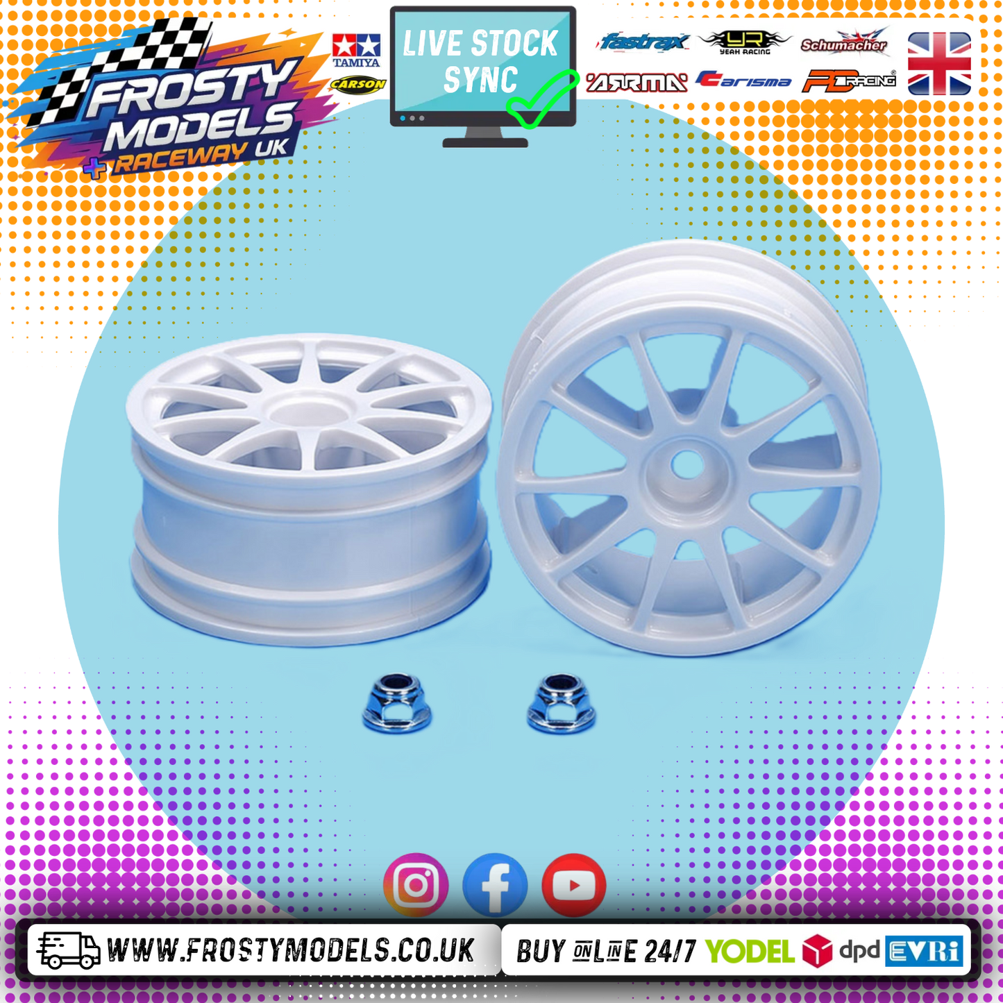 Tamiya 50732 - 1/10 (2PCS with nuts) RC Touring Car White 10 SPOKE Wheels (26mm / O-Offset) 12mm Hex Drive