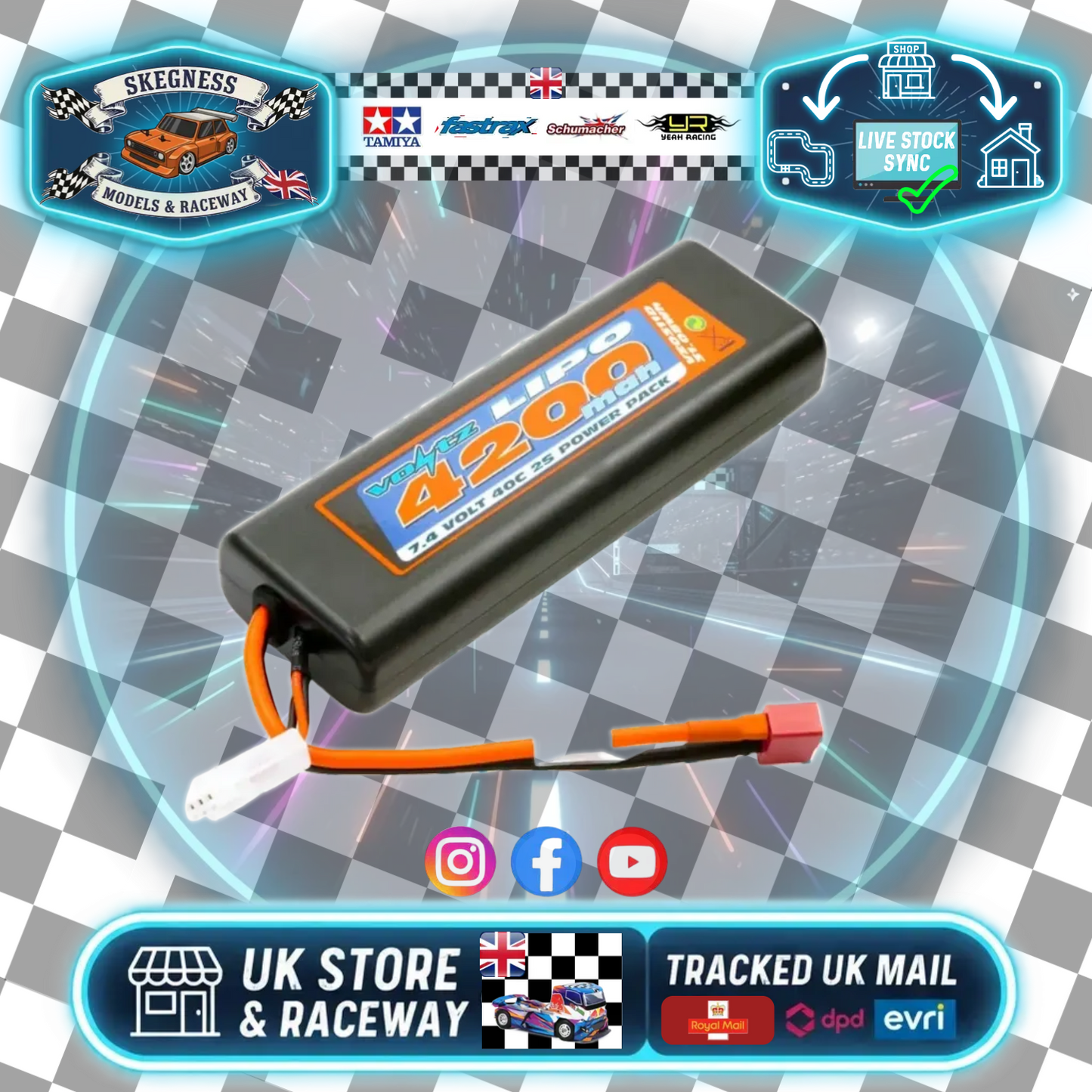 VOLTZ - RC CAR 4200MAH ROUND/OVAL CASE 2S 40C 7.4V LIPO STICK PACK W/DEANS (FITS TT01E) VZ0311D