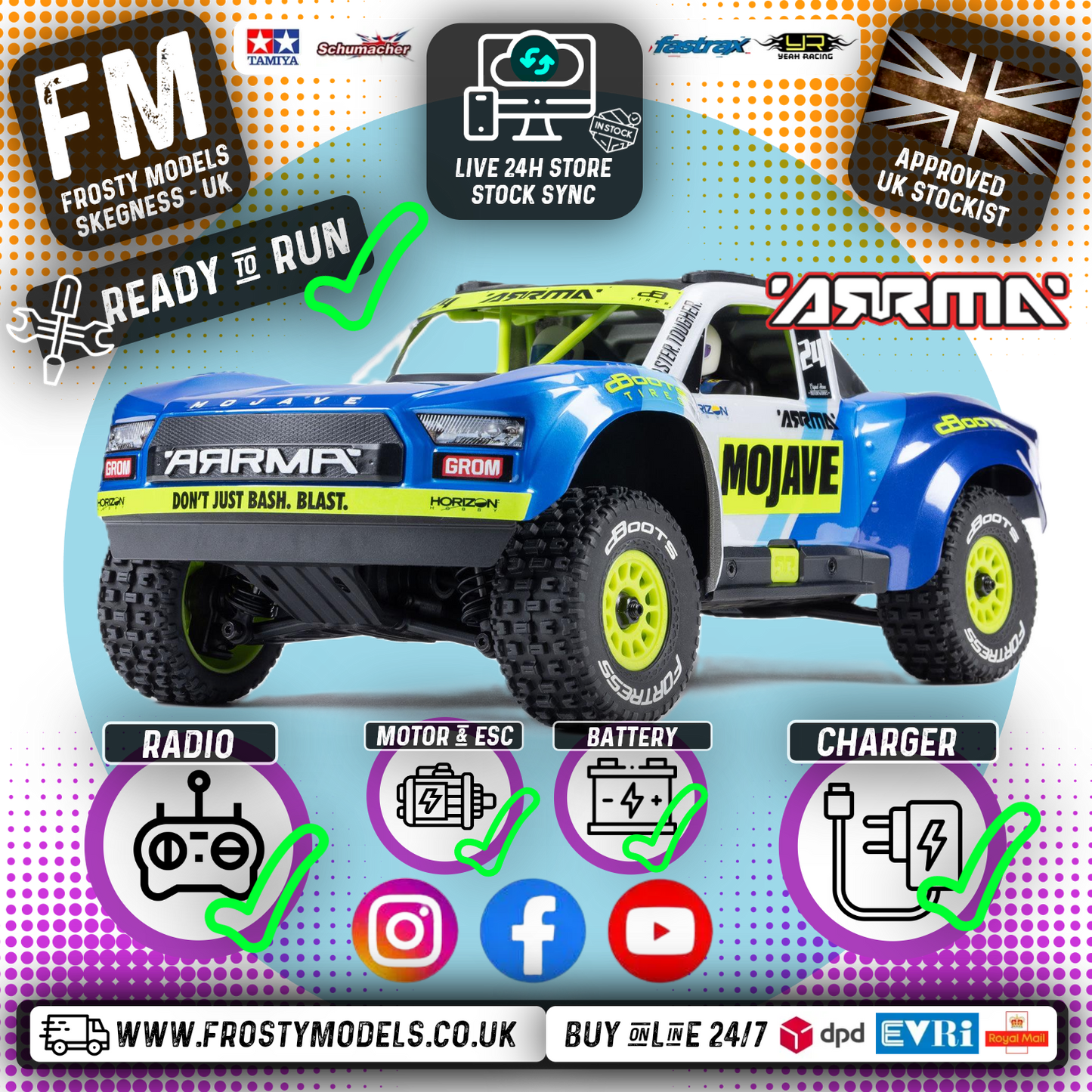 ARRMA - 1/16 MOJAVE GROM MEGA 4X4 RC DT RTR w/ Battery & Charger (Blue) - C-ARA2104T2