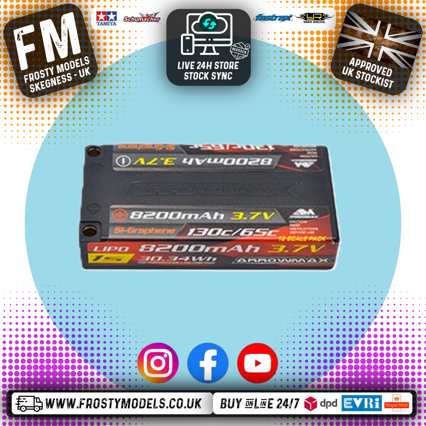 Arrowmax - 1/12th RC Cars Battery - Lipo 8200mAh 1S 3.7V - 65/130C - Size: 93MM x 47MM x 18.5MM - AM700305