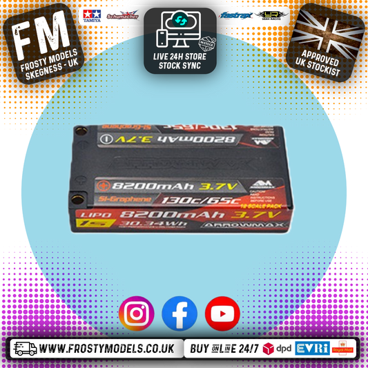 Arrowmax - 1/12th RC Cars Battery - Lipo 8200mAh 1S 3.7V - 65/130C - Size: 93MM x 47MM x 18.5MM - AM700305