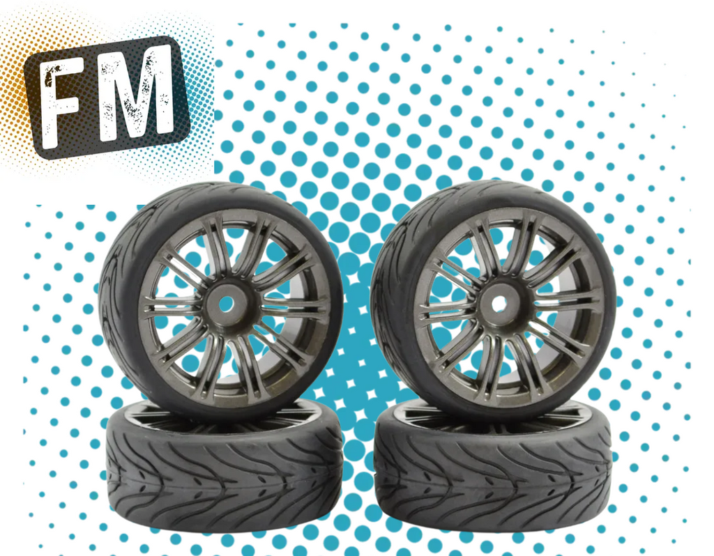 FASTRAX (4PC) 1/10 RC CAR STREET/TREAD 20SPOKE GUN METAL WHEEL & TIRE/TYRE SET (12MM HEX) FAST0077GM