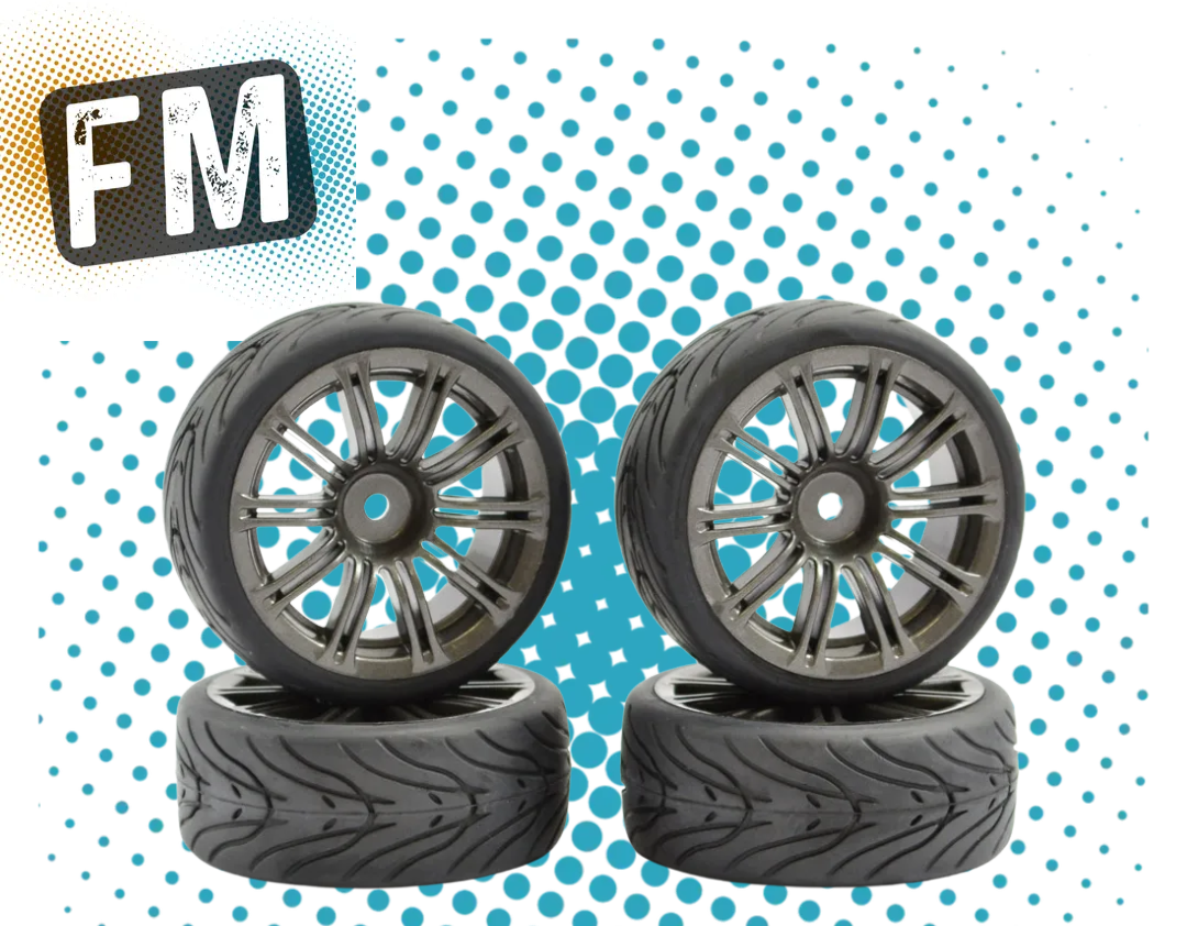 FASTRAX (4PC) 1/10 RC CAR STREET/TREAD 20SPOKE GUN METAL WHEEL & TIRE/TYRE SET (12MM HEX) FAST0077GM
