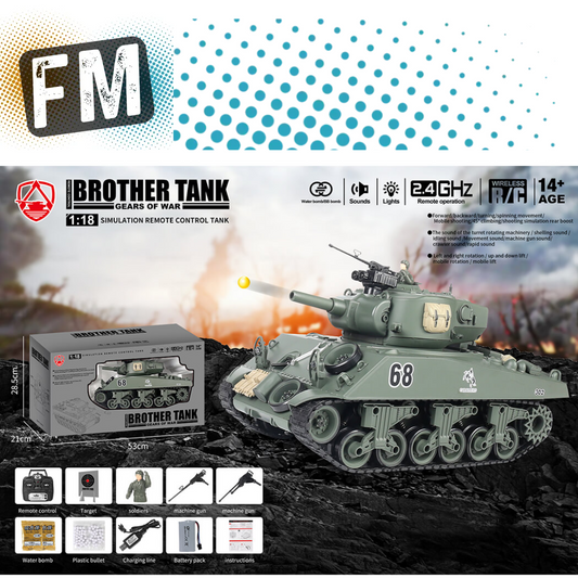 BROTHER TANK - RC RTR Tracked 1:18 UUSA M4A3 SHERMAN GREEN (BB & WATER BOMB) w/Radio/Battery/Charger