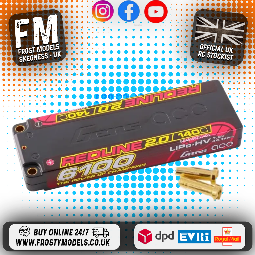 GENS ACE - REDLINE 2.0 LIPO 18.5mm RC BATTERY Hard Case 2S 7.6V HV 6100mAh 140C 5MM BULLET (PRO CAR RACE LIHV)