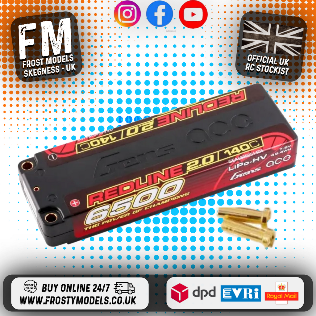 GENS ACE - REDLINE 2.0 LIPO 22.5mm RC BATTERY Hard Case 2S 7.6V HV 6500mAh 140C 5MM BULLET (PRO CAR RACE LIHV)