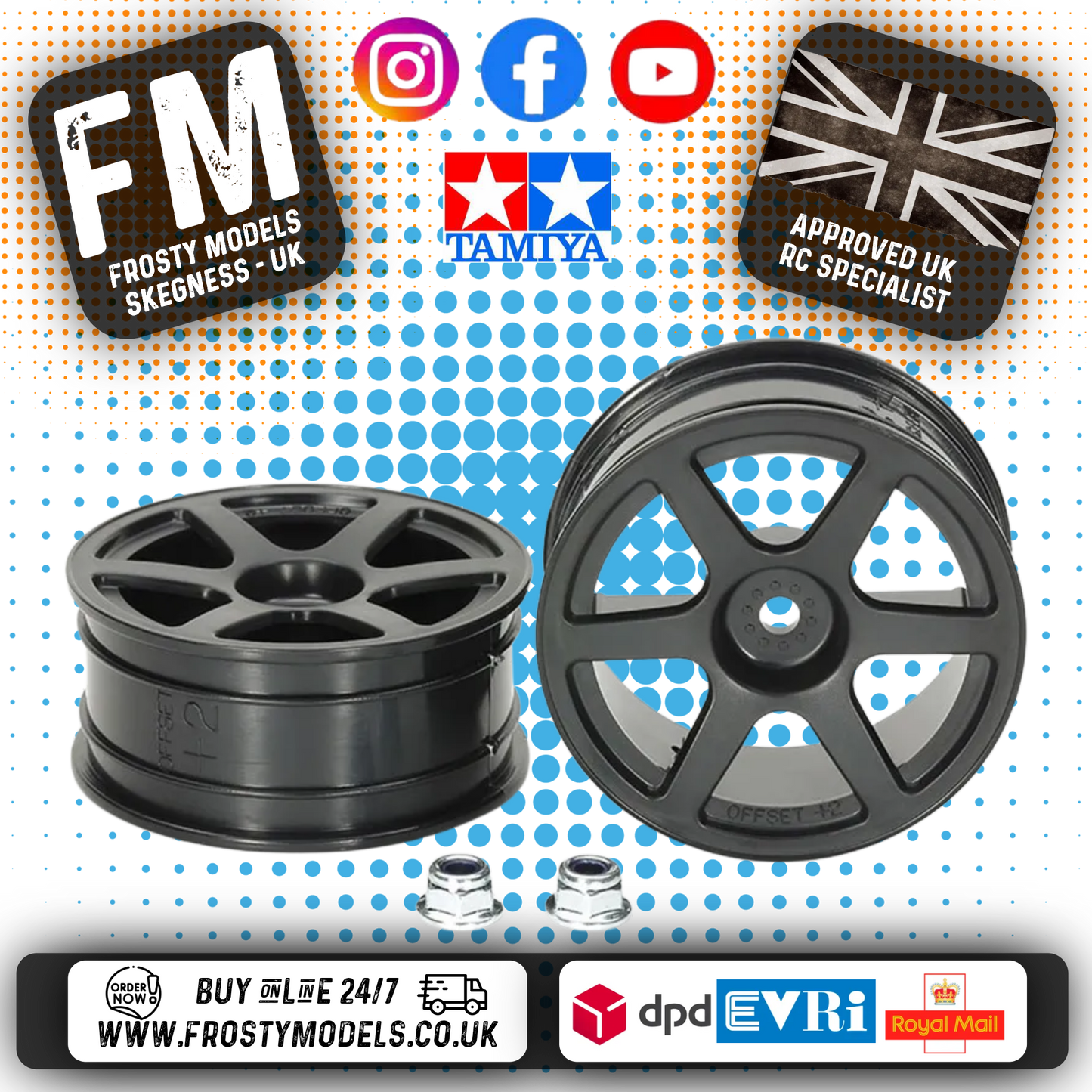 TAMIYA - RC 1/10 TOURING CAR WHEELS - 6 SPOKE (BLACK) (2PCS / +2 OFFSET) - 53453 (& 2X WHEEL NUTS)