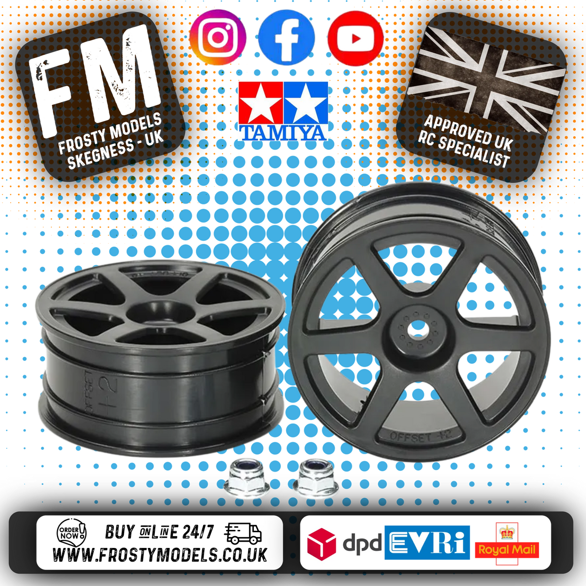 TAMIYA - RC 1/10 TOURING CAR WHEELS - 6 SPOKE (BLACK) (2PCS / +2 OFFSET) - 53453 (& 2X WHEEL NUTS)