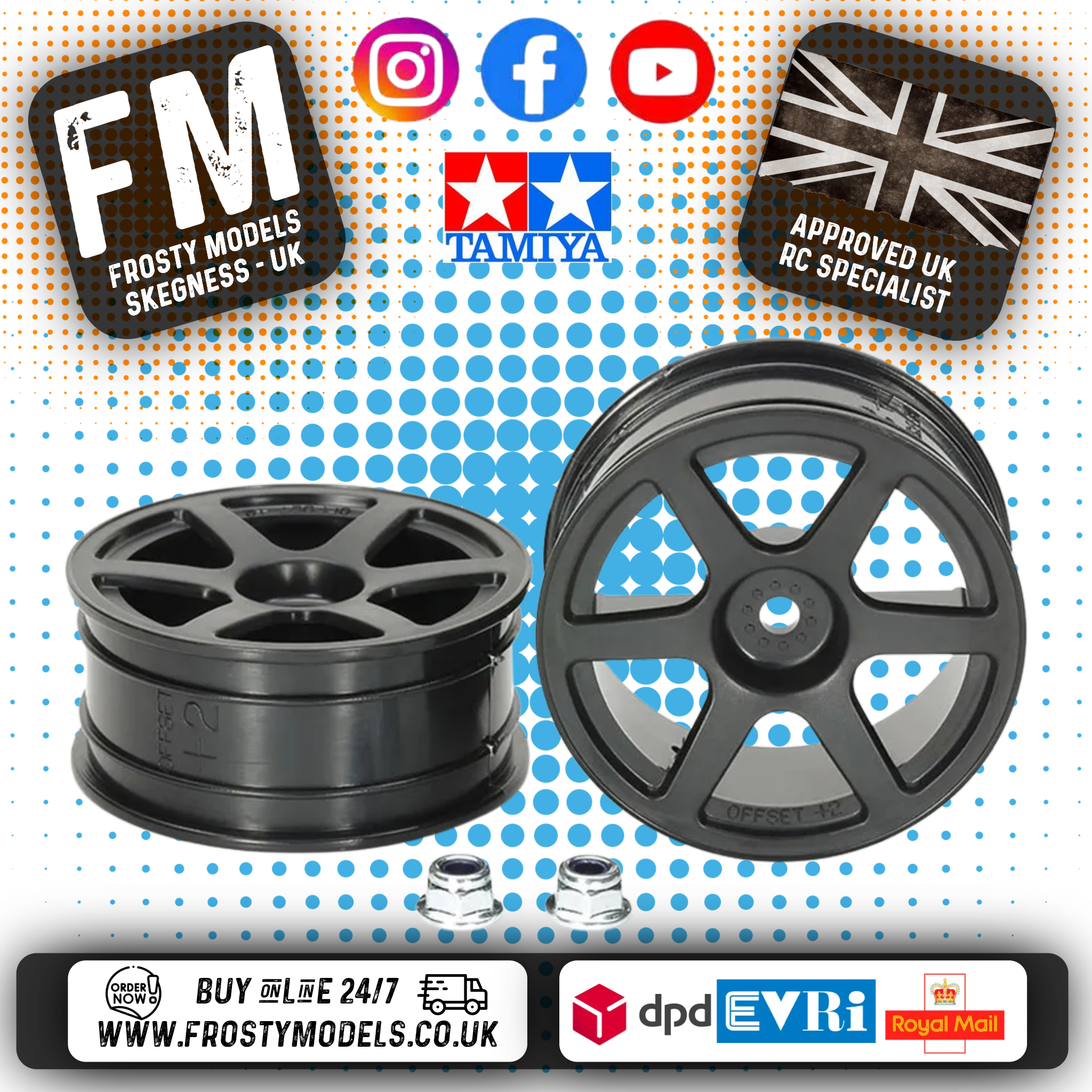TAMIYA - RC 1/10 TOURING CAR WHEELS - 6 SPOKE (BLACK) (2PCS / +2 OFFSET) - 53453 (& 2X WHEEL NUTS)