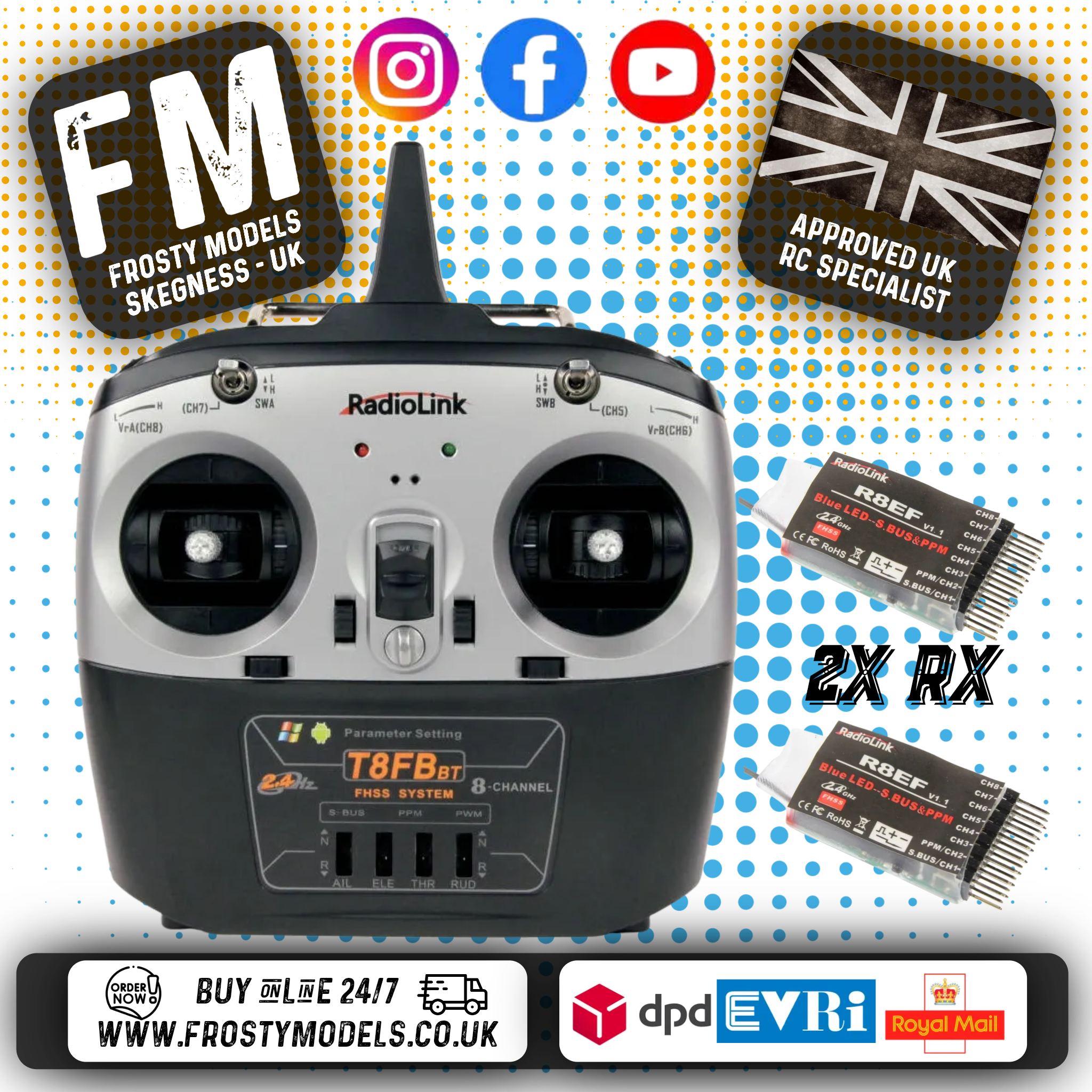 RadioLink - T8FB 2.4GHz 8-Ch Transmitter Radio w/Bluetooth & 2x R8EF Receivers (Not recommend for 2 channels RC Cars)