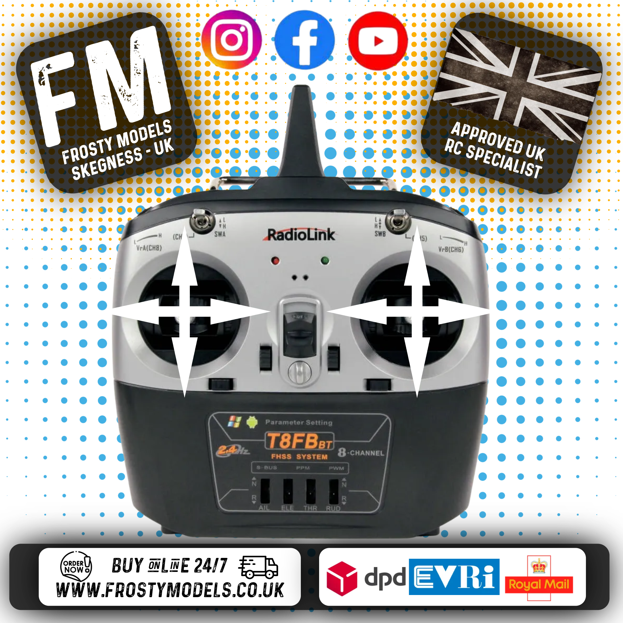 RadioLink - T8FB 2.4GHz 8-Ch Transmitter Radio w/Bluetooth & 2x R8EF Receivers (Not recommend for 2 channels RC Cars)