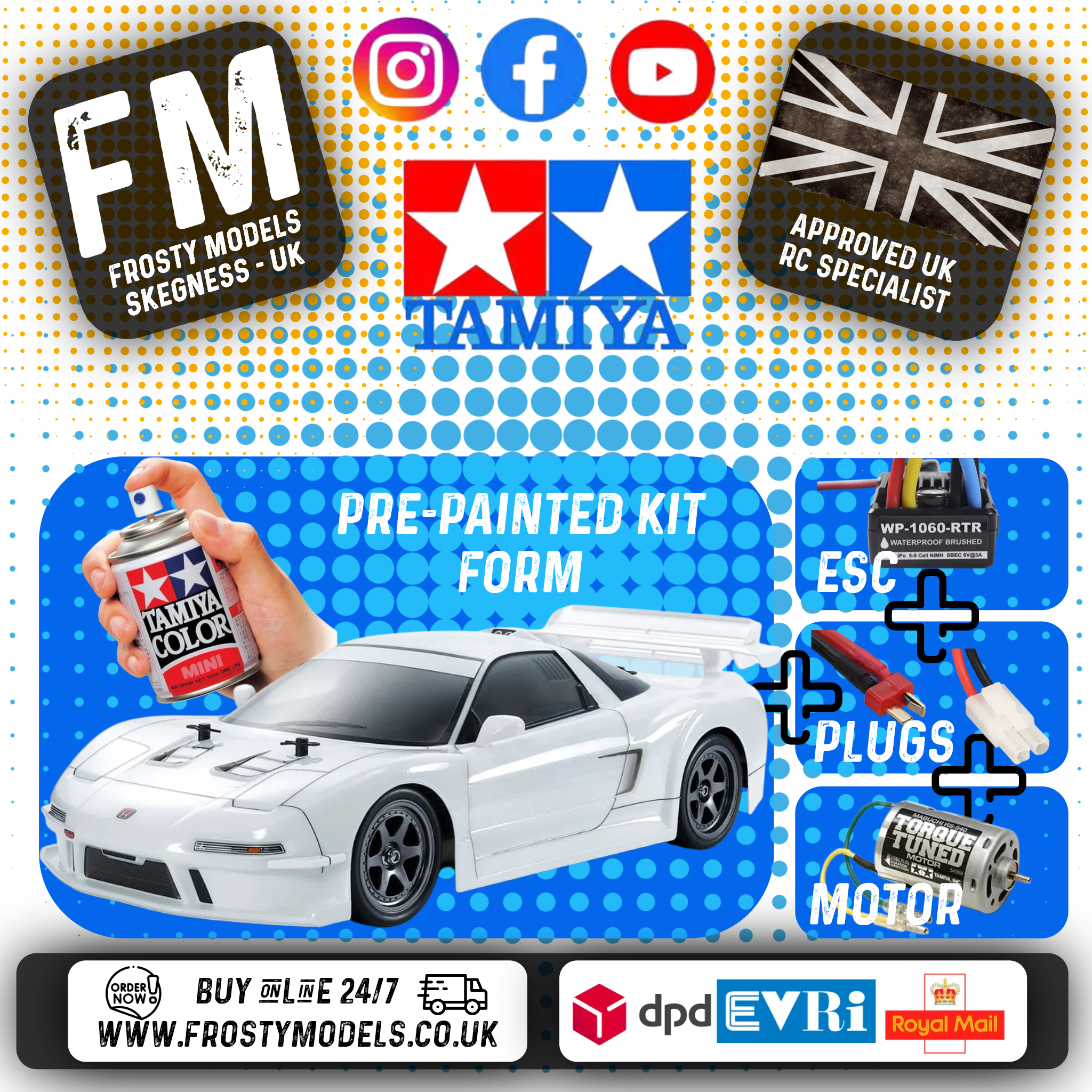 TAMIYA 47506 - 1998 NSX Racing White Pre-Painted Body - 1/10 (TT02 kit) 4WD CAR INC's MOTOR & ESC