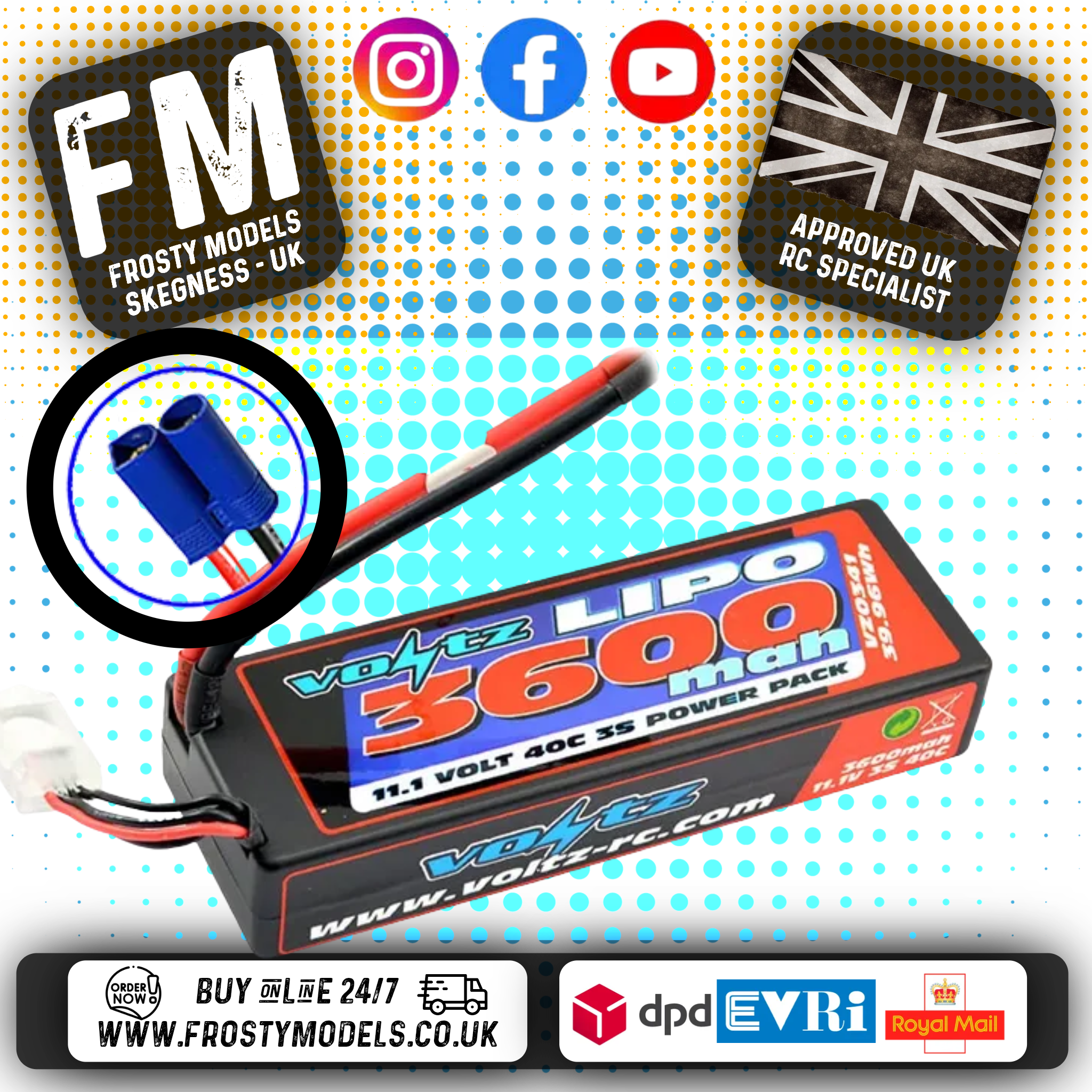 VOLTZ - 3600mAh HARDCASE 3S 11.1V 40C LIPO STICK LOW PRO (2S SIZE) EC5 Plug - VZ0341EC5