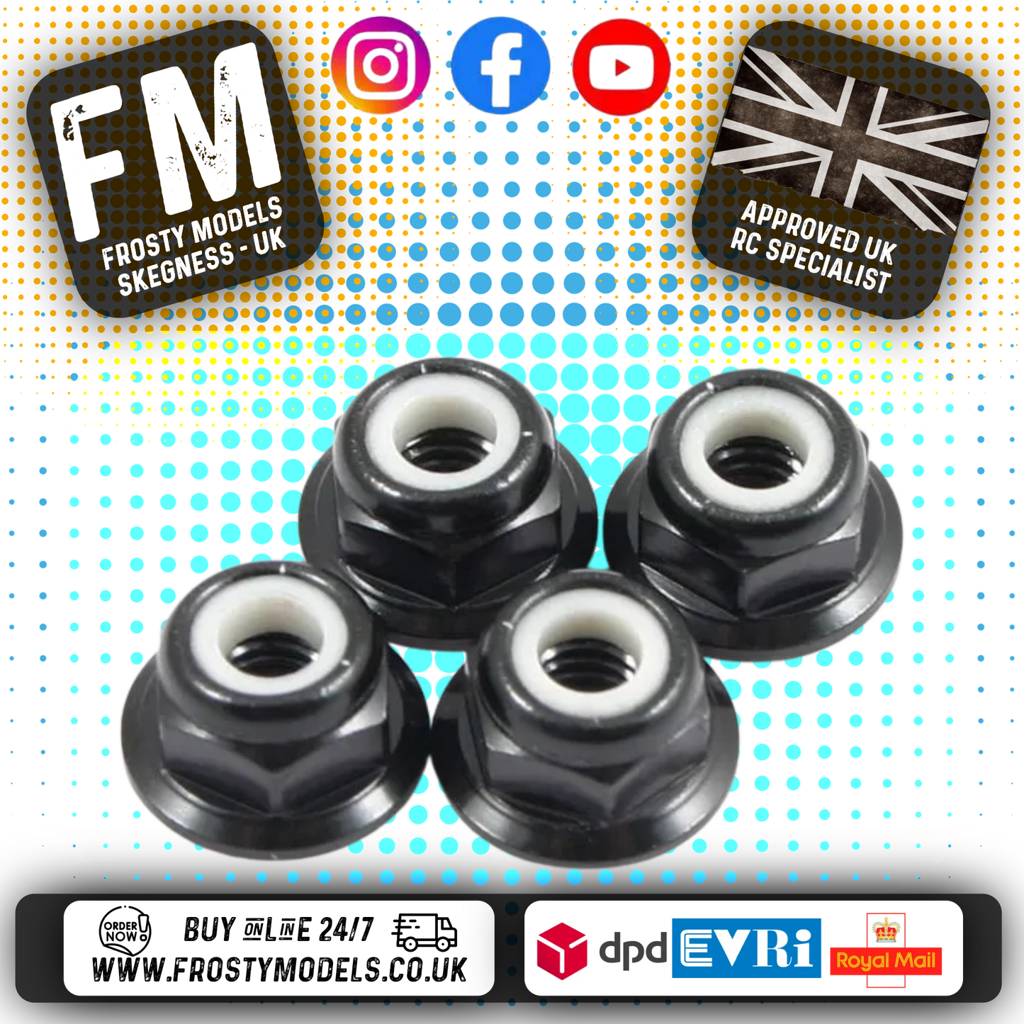 FASTRAX M4 1/10 WHEEL NUTS - BLACK FLANGED LOCKNUTS (4PC) FTM4BKF