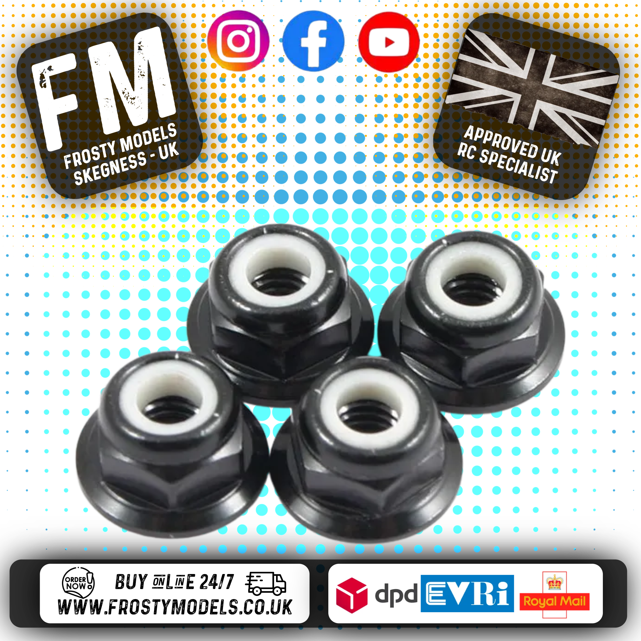 FASTRAX M4 1/10 WHEEL NUTS - BLACK FLANGED LOCKNUTS (4PC) FTM4BKF