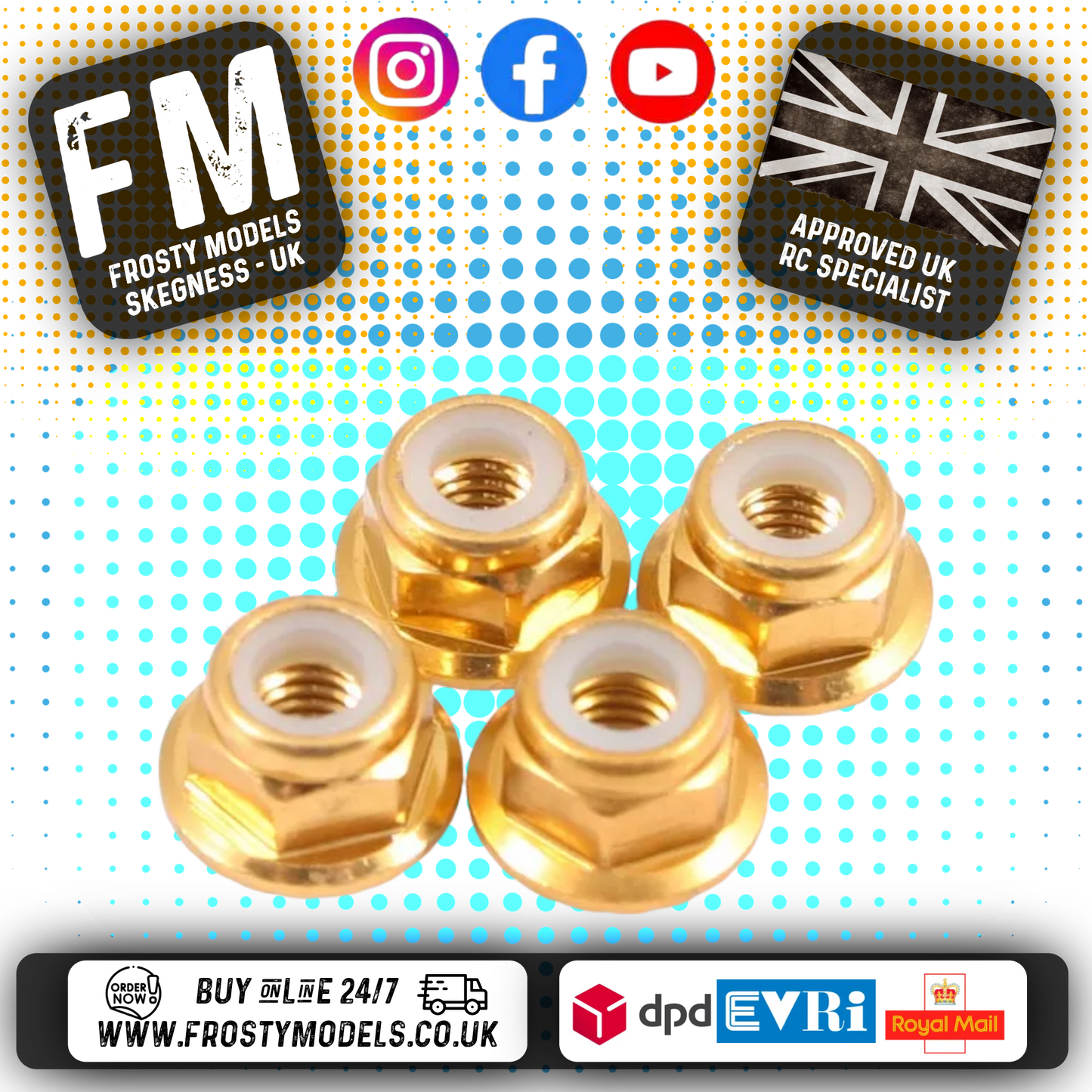 FASTRAX M4 1/10 WHEEL NUTS - GOLD FLANGED LOCKNUTS (4PC) FTM4GF