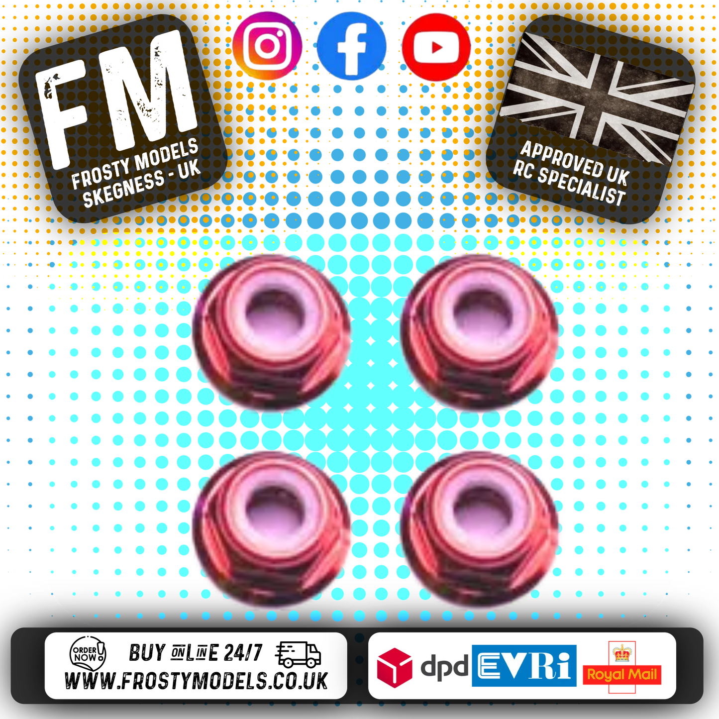 FASTRAX M3 1/12 WHEEL / SUSPENSION NUTS - RED FLANGED LOCKNUTS 4PCS - FTM3RF