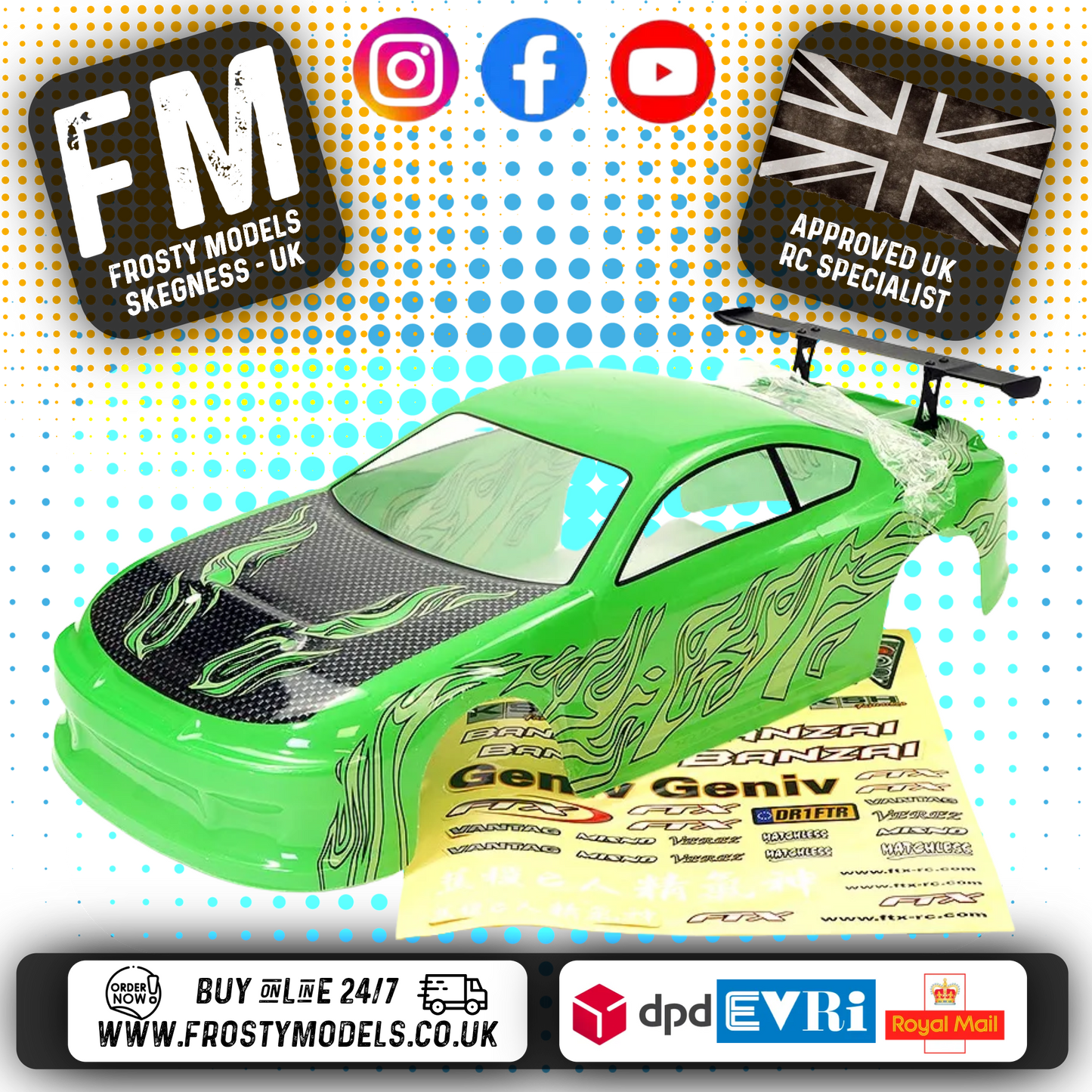 FTX - BANZAI PRE-PAINTED 1/10 CAR BODY SHELL W/DECALS & WING - GREEN - FTX6596G