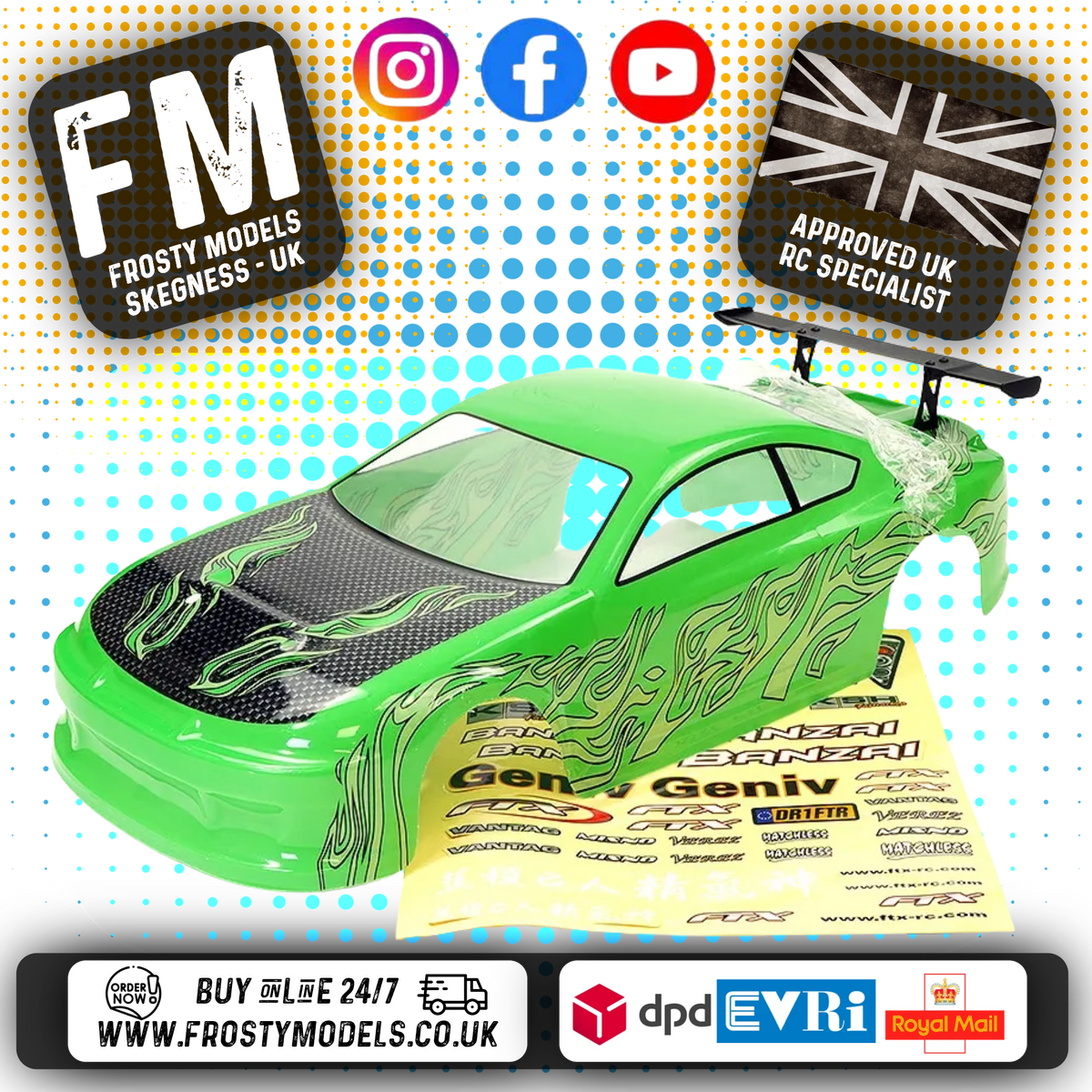 FTX - BANZAI PRE-PAINTED 1/10 CAR BODY SHELL W/DECALS & WING - GREEN - FTX6596G