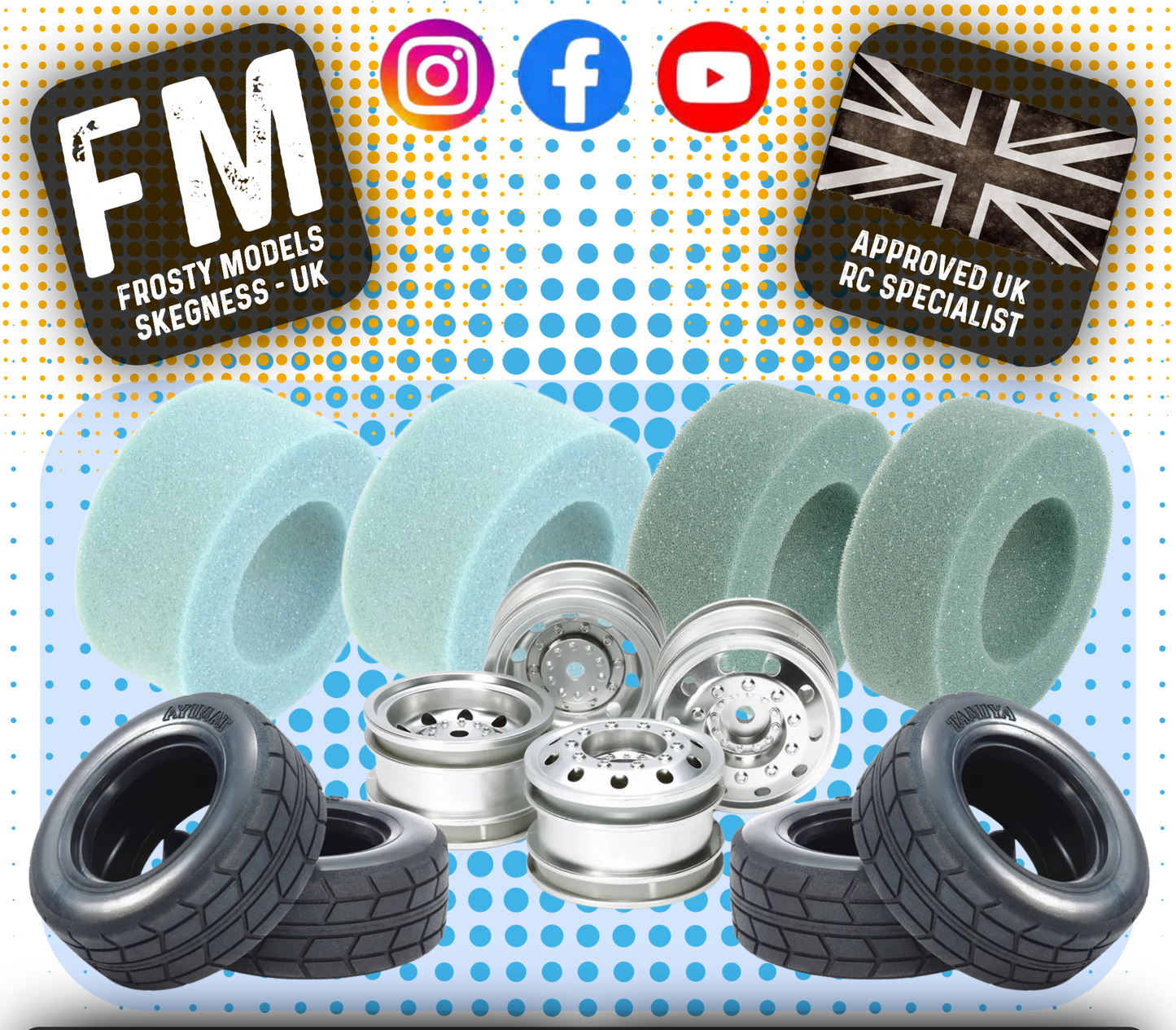 TAMIYA TT01E EURO TRUCK - Carpet Racing Bundle Wheels, Inserts & Tyres (TUBBY PRO SPEC - Silver Truck Wheels)