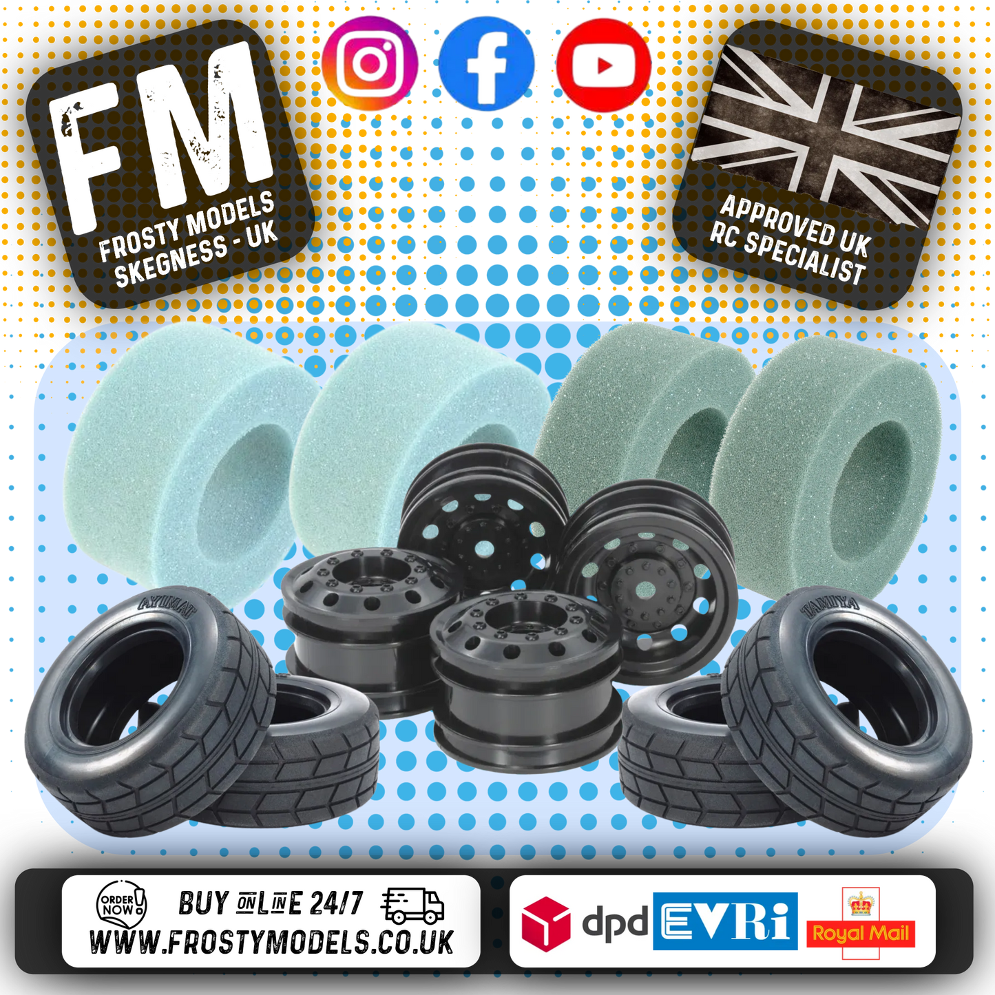TAMIYA TT01E EURO TRUCK - Carpet Racing Bundle Wheels, Inserts & Tyres (TUBBY PRO SPEC - Black Truck Wheels)