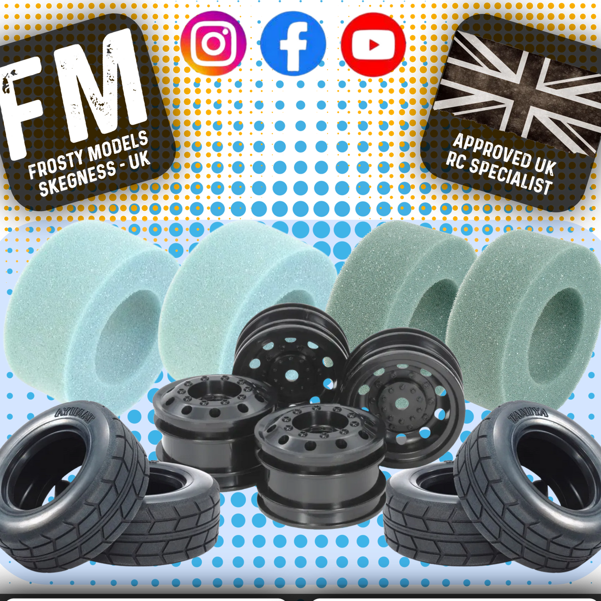 TAMIYA TT01E EURO TRUCK - Carpet Racing Bundle Wheels, Inserts & Tyres (TUBBY PRO SPEC - Black Truck Wheels)