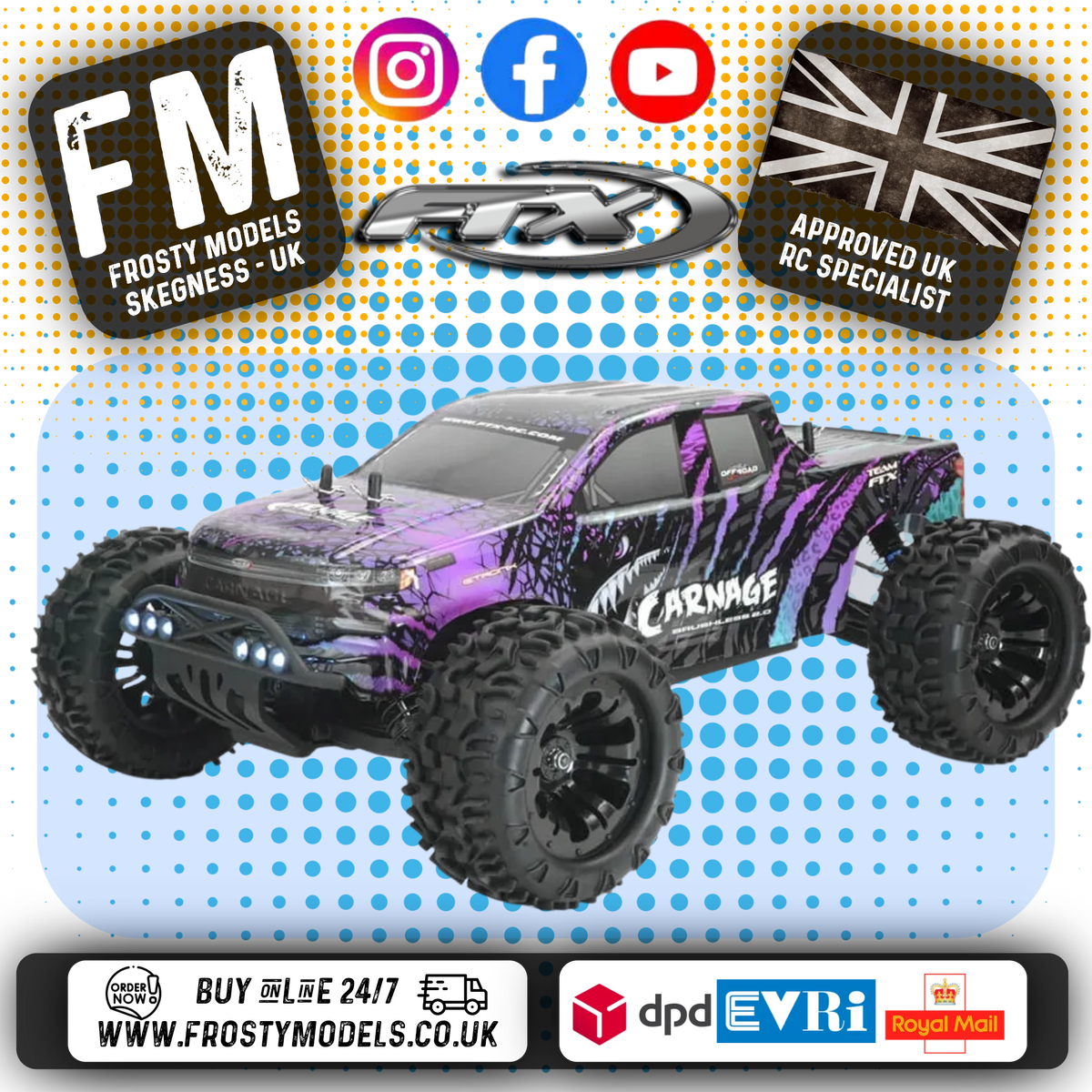 FTX - CARNAGE 2.0 1/10 2S BRUSHLESS  TRUCK 4WD RTR - INC's LIPO, CHARGER & RADIO