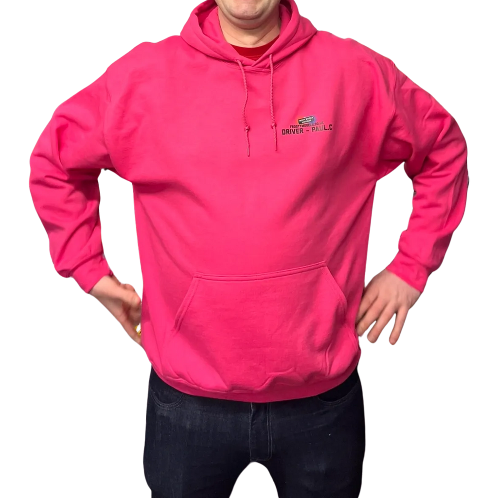 RACE DRIVER PROMO - HOT PINK HOODIE - CUSTOM BRANDS (BRAND BACK - YOUR NAME AT FRONT)