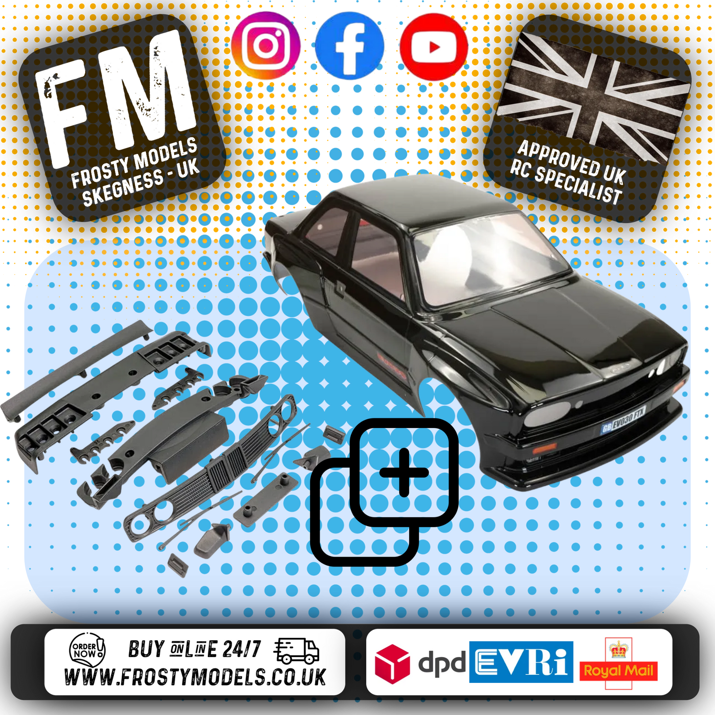 FTX - BMW E30 EVO Painted Body & Accessory Bundle Pack FTX10579 + FTX105BK (Black Body)