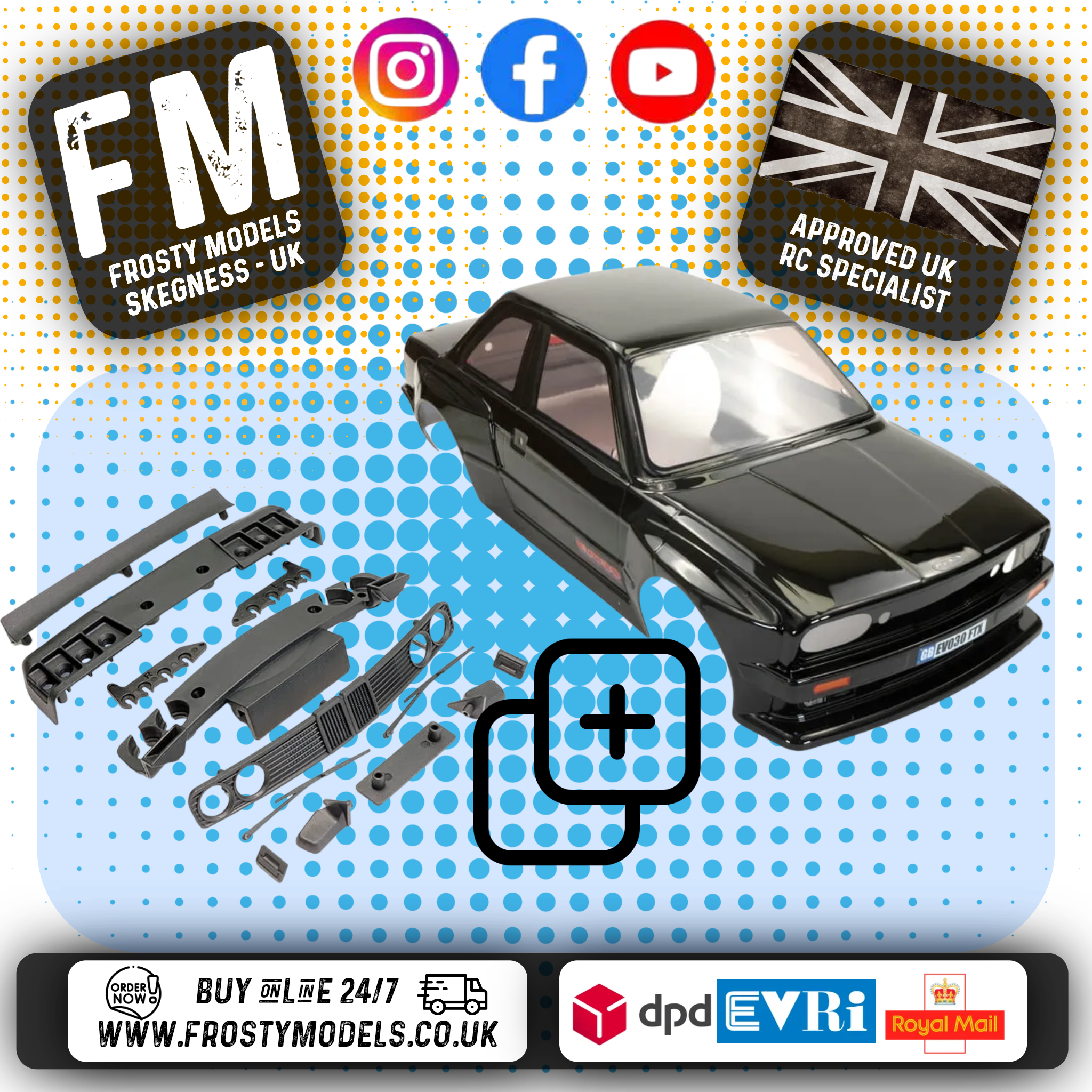 FTX - BMW E30 EVO Painted Body & Accessory Bundle Pack FTX10579 + FTX105BK (Black Body)