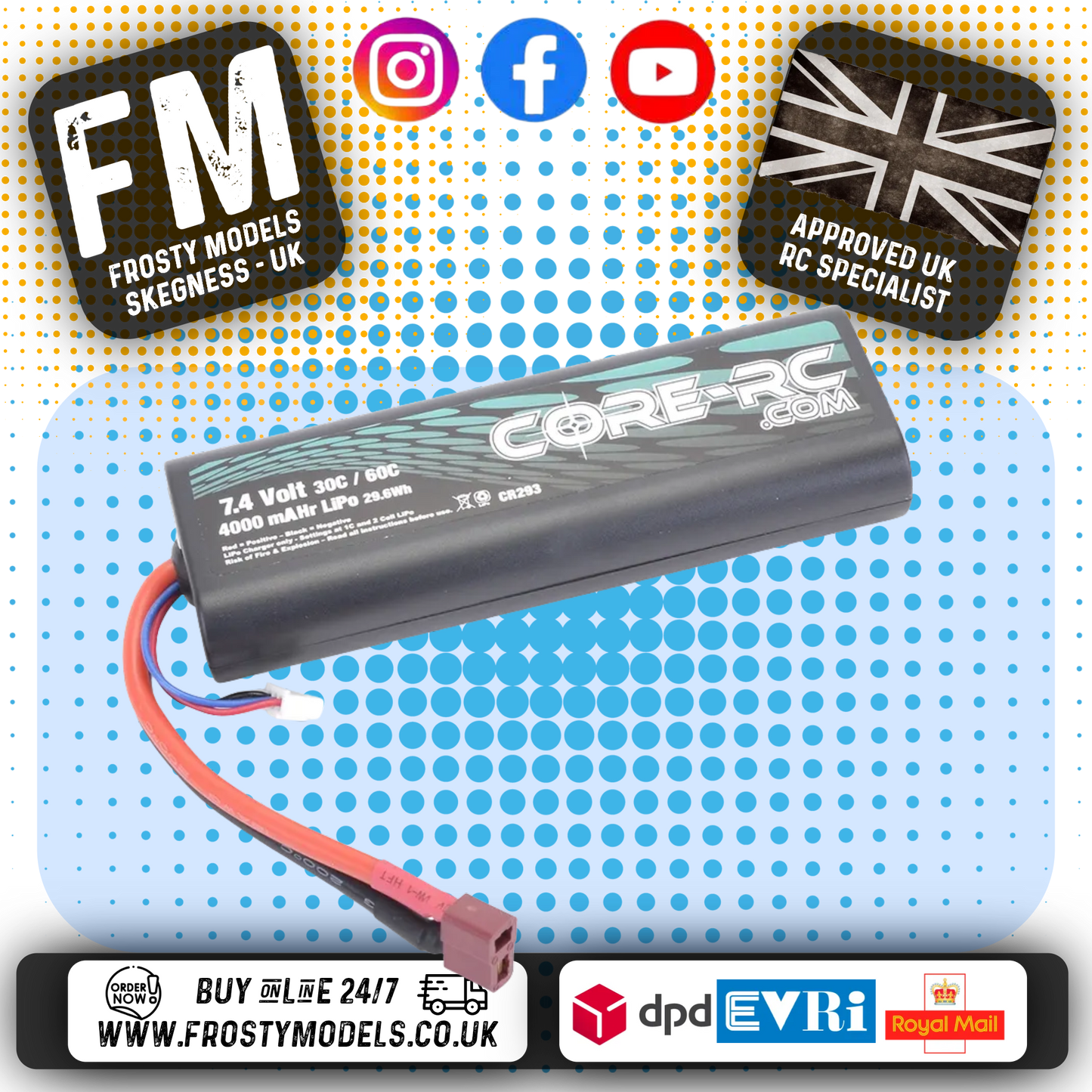 CORE RC - 4000mAHr 7.4v 30/60C 2S LiPo Battery - Round Cased (Fits TT01E) CR293