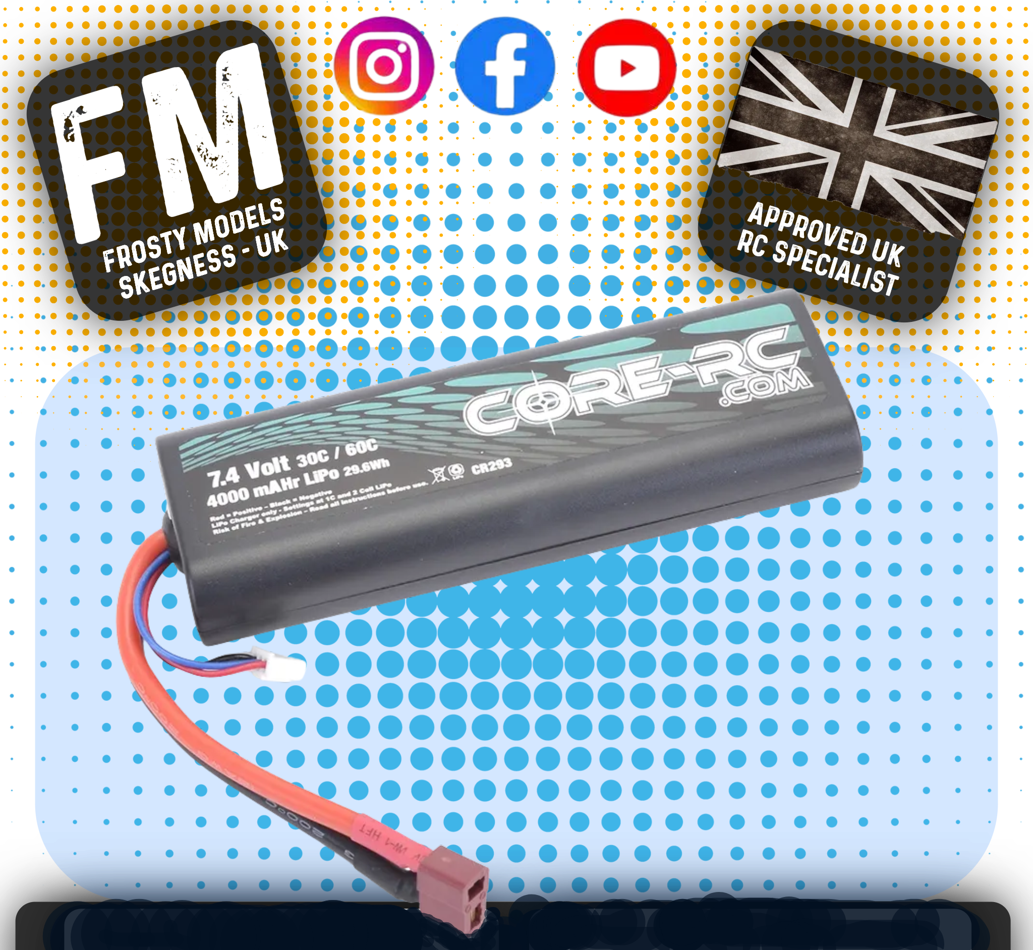 CORE RC - 4000mAHr 7.4v 30/60C 2S LiPo Battery - Round Cased (Fits TT01E) CR293