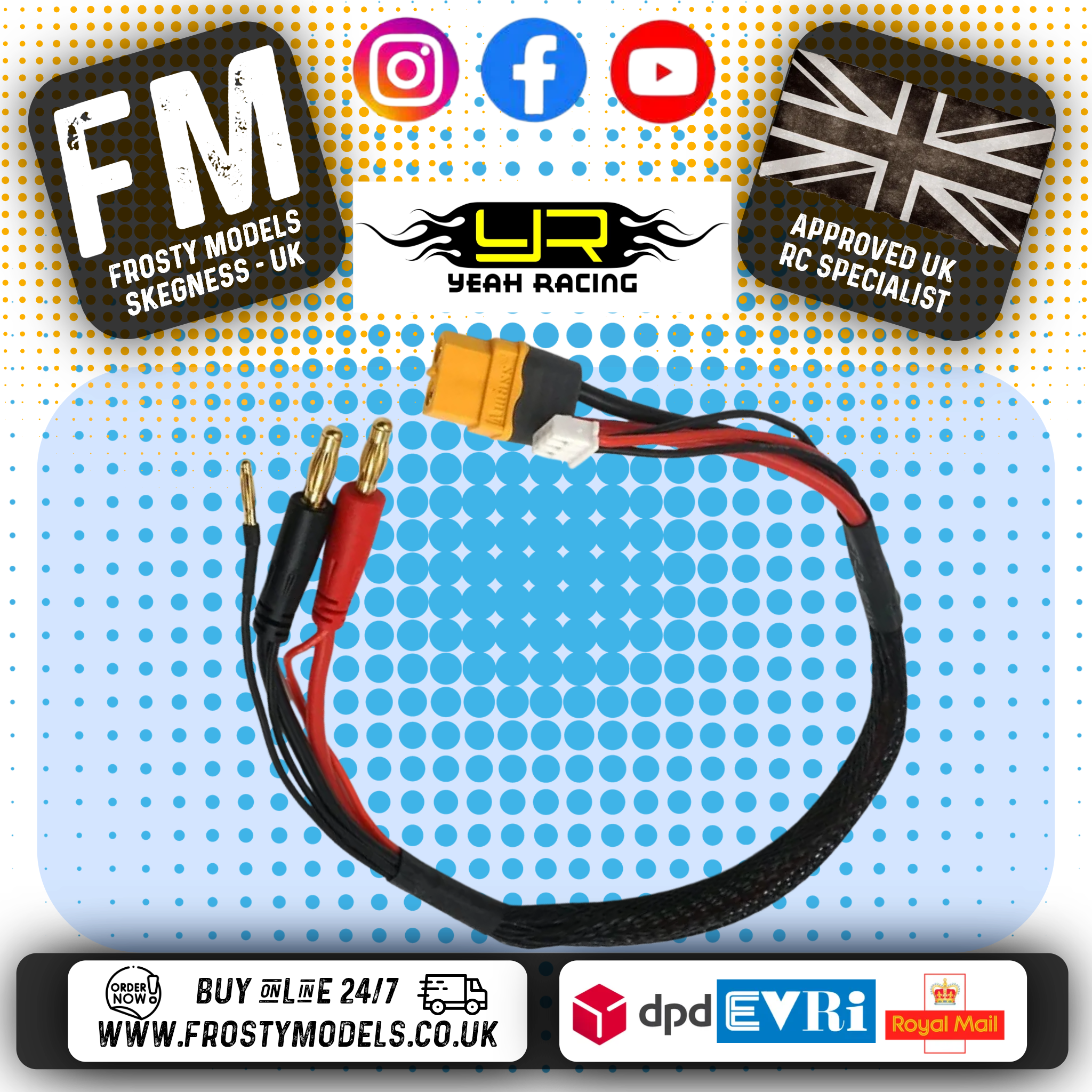 YEAH RACING - 35CM LONG RC CAR/BUGGY CHARGE XT60 LEAD TO 4MM & 2MM BALANCE 2S - WPT-0150