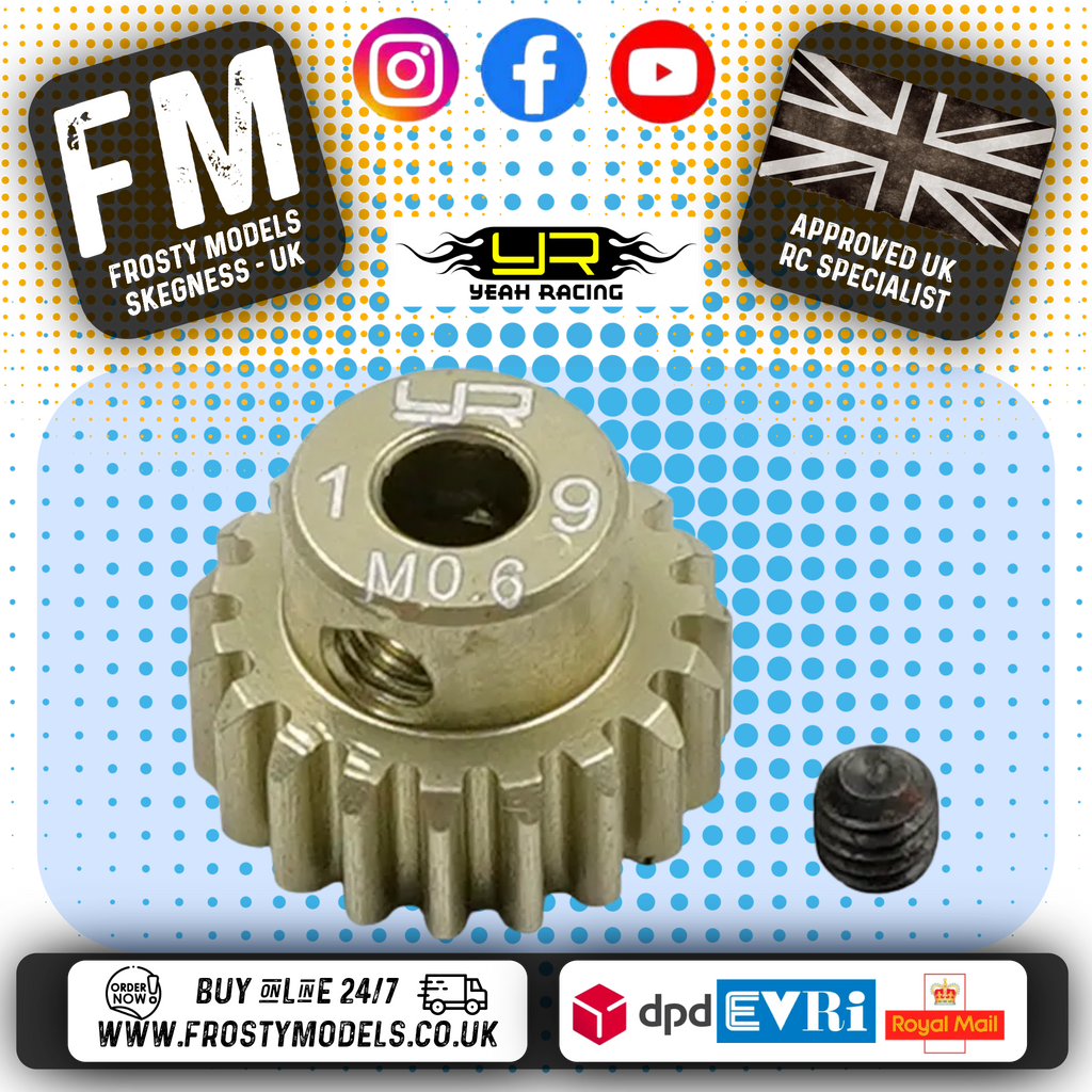 YEAH RACING - 19T Aluminum 7075 Hard Coated Motor Pinion 0.6 MOD (FITS TT01E & TT02 + MOST TAMIYA RC) MG-06P19T